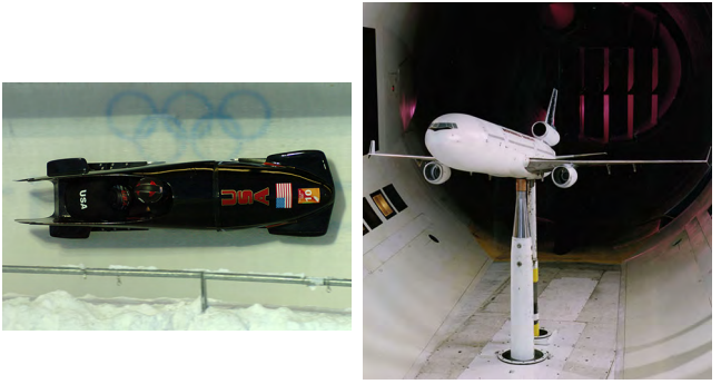 Uma fotografia de um bobsled em uma pista nas Olimpíadas. Uma fotografia de um modelo de avião em um túnel de vento.