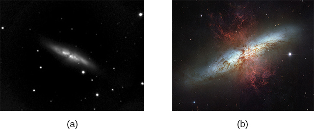 يُظهر الشكلان أ و ب صورًا تلسكوبية لمجرة.