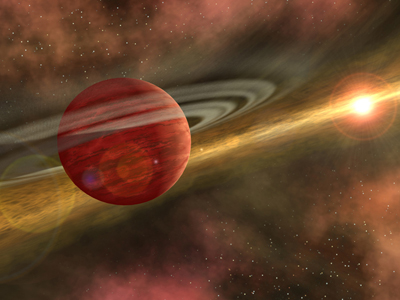 A figura mostra uma visão fechada de um planeta vermelho no céu, com um objeto semelhante ao sol visto na extrema direita e o planeta mostrado aqui sendo cercado por círculos de gás e poeira.