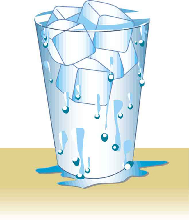 Um copo cheio até a borda com água e cubos de gelo.