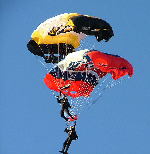 Takwimu inaonyesha skydivers mbili katikati ya hewa, na wote wawili wenye wazi kuwa na parachuti zao zimefunguliwa.