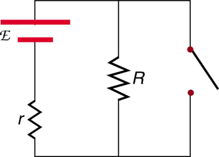 Este diagrama mostra um circuito com uma fonte de tensão e resistência interna pequena r. Uma resistência R e um interruptor aberto estão conectados em paralelo a ele.