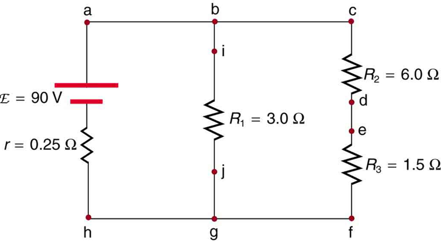 Esta figura mostra um circuito com uma célula de e m f script E e resistência interna r conectada em paralelo a dois braços, um braço contendo o resistor R sub um e um segundo braço contendo uma série de resistores R sub dois e R sub três.