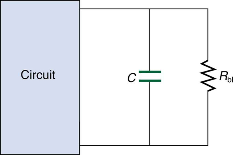 Um circuito elétrico com um capacitor tem um resistor extra R sub l, chamado de sangrador, instalado em paralelo com o capacitor.