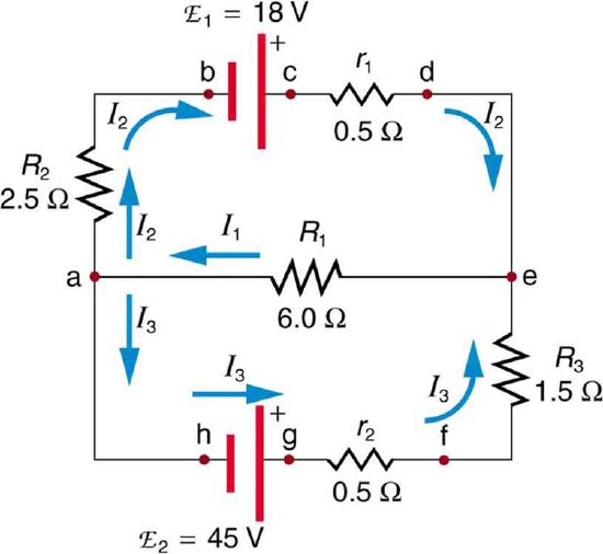 The diagram shows a complex circuit with four voltage sources E sub one, E sub two, E sub three, E sub four and several resistive loads, wired in two loops and many junctions. Several points on the diagram are marked with letters a through j. The current in each branch is labeled separately.
