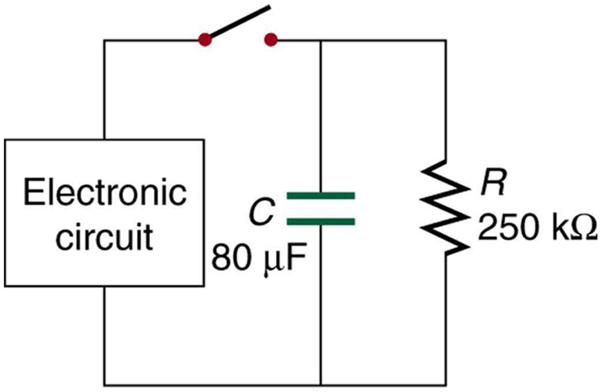 É mostrado um circuito paralelo com um interruptor, um circuito eletrônico incorporado, um capacitor e um resistor. O circuito embutido, o capacitor e o resistor estão conectados em paralelo entre si: o circuito eletrônico à esquerda, o capacitor no meio e o resistor à direita. O capacitor tem uma capacitância de oitenta micro farads. O resistor tem uma resistência de duzentos e cinquenta quilohms. O interruptor está na parte superior, entre o circuito eletrônico e a perna do capacitor.