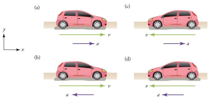 Four separate diagrams of cars moving. Diagram a: A car moving toward the right. A velocity vector arrow points toward the right. An acceleration vector arrow also points toward the right. Diagram b: A car moving toward the right in the positive x direction. A velocity vector arrow points toward the right. An acceleration vector arrow points toward the left. Diagram c: A car moving toward the left. A velocity vector arrow points toward the left. An acceleration vector arrow points toward the right. Diagram d: A car moving toward the left. A velocity vector arrow points toward the left. An acceleration vector arrow also points toward the left.