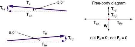 Um vetor T sub L fazendo um ângulo de cinco graus com o eixo x negativo é mostrado. Ele tem dois componentes, um na direção vertical, T sub L y, e outro horizontal, T sub L x. Outro vetor é mostrado fazendo um ângulo de cinco graus com o eixo x positivo, tendo dois componentes, um na direção y, T sub R y e outro na direção x, T sub R x. No corpo livre diagrama, o componente vertical T sub L y é mostrado por uma seta vetorial na direção ascendente, T sub R y é mostrado por uma seta vetorial na direção ascendente e o peso W é mostrado por uma seta vetorial na direção descendente. A força líquida F sub y é igual a zero. Na direção horizontal, T sub R x é mostrado por uma seta vetorial apontando para a direita e T sub L x é mostrado por uma seta vetorial apontando para a esquerda, ambas com o mesmo comprimento, de modo que a força líquida na direção horizontal, F sub x, seja igual a zero.