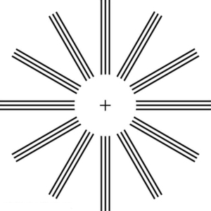 Um círculo sem borda e um sinal de cruz no meio. Uma estrutura do tipo roda é mostrada com linhas paralelas saindo da borda do círculo.