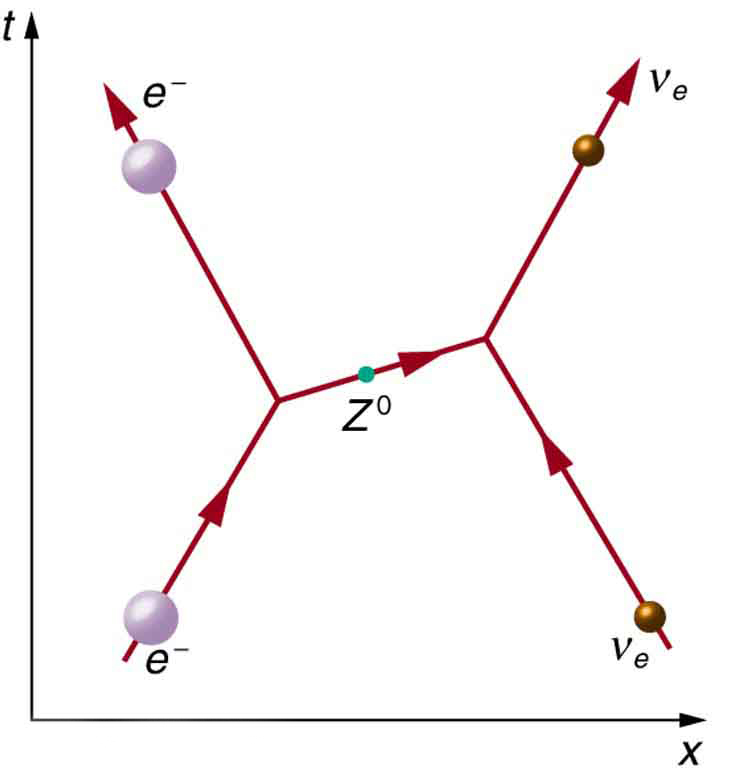 Um diagrama de Feynman é mostrado no qual o tempo avança ao longo do eixo vertical y e a distância ao longo do eixo horizontal x. Um elétron e um neutrino eletrônico são mostrados se aproximando, trocando uma partícula virtual de zee zero e depois se afastando.