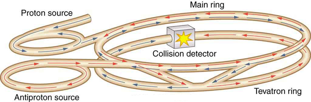No lado esquerdo da imagem há um par de anéis horizontais de diâmetro igual, com uma fonte de prótons rotulada e a outra fonte anti-próton rotulada. Os anéis parecem feitos de uma mangueira; ou seja, sua seção transversal é circular e parecem vazios. No anel da fonte de prótons, aparecem setas azuis indicando movimento no sentido anti-horário dentro da mangueira. No anel antifonte de prótons, setas vermelhas aparecem indicando movimento no sentido horário dentro da mangueira. Uma seção da mangueira sai tangencialmente de cada anel para unir tangencialmente outro anel maior à direita, que é rotulado como anel principal. As setas azuis e vermelhas aparecem no anel principal, indicando movimento simultâneo no sentido horário e anti-horário. Do anel principal, duas seções da mangueira tangencial saem para unir um anel de tamanho semelhante situado abaixo do anel principal e que é rotulado como anel de tevatron. No anel de tevatron, as setas azuis giram até a metade no sentido horário e as setas vermelhas vão até a metade no sentido anti-horário. Eles se encontram em um cubo chamado detector de colisão e que tem um ícone amarelo de starburst nele.