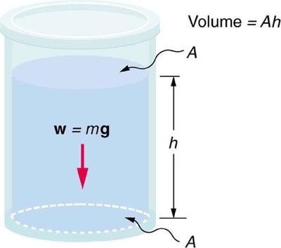 Um recipiente com fluido cheio até uma profundidade h. O peso do fluido w igual a m vezes g é mostrado por uma seta apontando para baixo. A indica a área do fluido na parte inferior do recipiente e também na superfície.