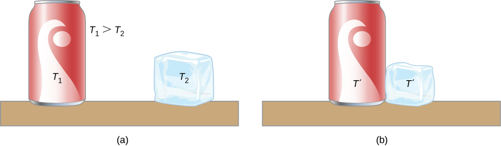 A Figura a mostra uma lata de refrigerante na temperatura T1 e um cubo de gelo, a alguma distância na temperatura T2. T1 é maior que T2. A Figura b mostra a lata e o cubo em contato um com o outro. Ambos estão na temperatura T prime.