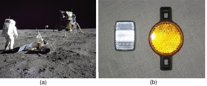 A figura (a) mostra a expedição lunar com os astronautas e seu ônibus espacial. A figura (b) mostra refletores de bicicleta retangulares e redondos.