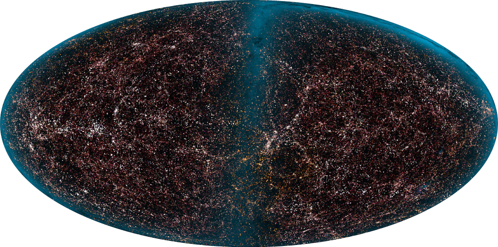 A imagem mostra uma forma oval com fundo preto. Muitas galáxias são vistas dentro dela.