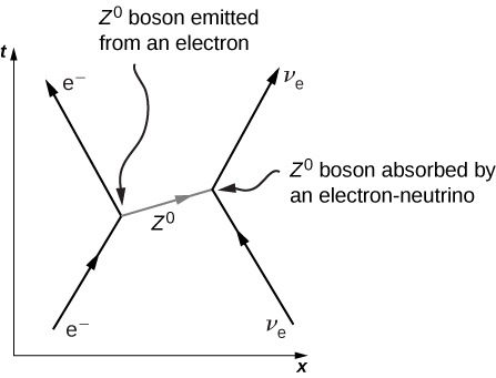 A figura é um gráfico de t versus x. Uma seta chamada e menos vai para cima e para a direita e encontra a base de outra seta chamada e menos indo para cima e para a esquerda. A junção é rotulada como bóson z0 emitido por um elétron. À direita, há uma flecha indo para cima e para a esquerda. A ponta encontra a base de outra flecha indo para cima e para a direita. Ambos são rotulados como v subscrito e e a junção é marcada como bóson z0 absorvido por um neutrino eletrônico. As duas junções no gráfico são conectadas por um raio chamado z0. Isso aponta para a direita e ligeiramente para cima.