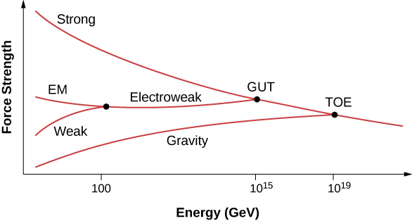 Graphique de la force par rapport à l'énergie en GeV. Une courbe marquée de fortes pentes vers le bas et vers la droite. Un point de la courbe dont la valeur x est de 10 pour la puissance 19 est désigné TOE. Une courbe appelée gravité part d'ici, descend et part à gauche. Un point de la courbe forte, avec une valeur x de 10 pour la puissance 15, est étiqueté GUT. À partir d'ici, une courbe part de gauche. Il est étiqueté Electroweak. Cela se divise en deux à un point avec une valeur x de 100. La branche qui part vers la gauche est étiquetée EM et celle qui descend et qui part vers la gauche est étiquetée faible.