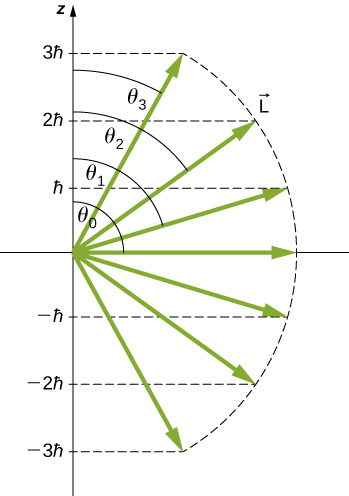 Seven vector, all of the same length L, are drawn at 7 different angles to the z axis. The z components of the vectors are indicated both by horizontal lines from the tip of the vector to the z axis and by labels on the z axis. For four of the vectors, the angle between the z axis and the vector is also labeled. The z component values are 3 h bar at angle theta sub three, 2 h bar at angle theta sub two, h bar at angle theta sub one, zero at angle theta sub zero, minus h bar, minus 2 h bar, and minus 3 h bar.