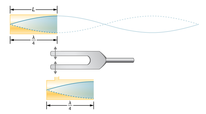 图为在管道封闭端附近引入的振动在管道中产生的驻波示意图。 驻波在管中有四分之三的波长。