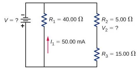 The negative terminal of voltage source V is connected to two parallel branches, one with resistor R subscript 1 of 40 Ω with downward current I subscript 1 of 50 mA and second with R subscript 2 of 5 Ω in series with R subscript 3 of 15 Ω.