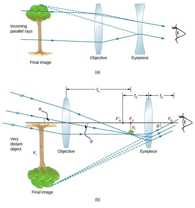 Figure a shows incoming parallel rays from the left entering a bi-convex lens labeled objective. From here, they deviate towards each other and enter a bi-concave lens labeled eyepiece, through which they reach the eye of the observer. The back extensions of the rays reaching the eye converge to the far left at the upright image of a tree, labeled final image. Figure b shows incoming rays at an angle theta to the optical axis entering a bi-convex lens labeled objective from the left of the figure. They converge on the other side at the focal point of the objective to form a tiny, inverted image of a tree. They travel further to enter a bi-convex lens labeled eyepiece. They deviate from here to enter the eye. The rays reaching the eye make an angle theta prime with the optical axis. Their back extensions converge to the far left at an enlarged, inverted image of the tree, labeled final image.
