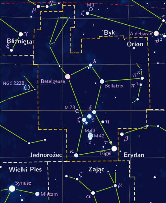 A star map showing the constellation Orion the Hunter is shown with lines drawn between the stars.