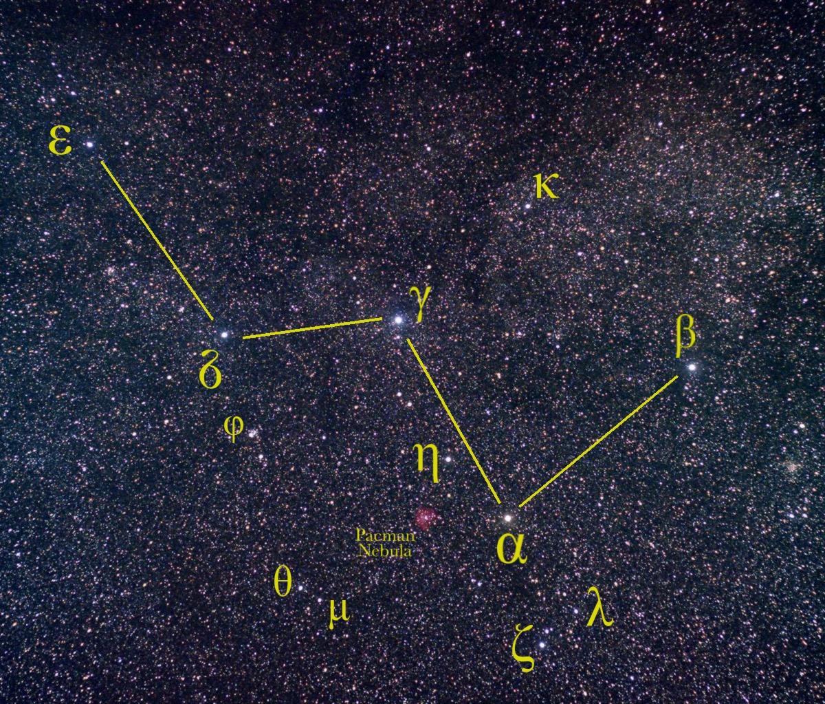 Cassiopeia is shown with lines connecting the stars.