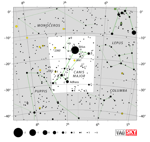 The modern constellation Canis Major is shown on a star map.