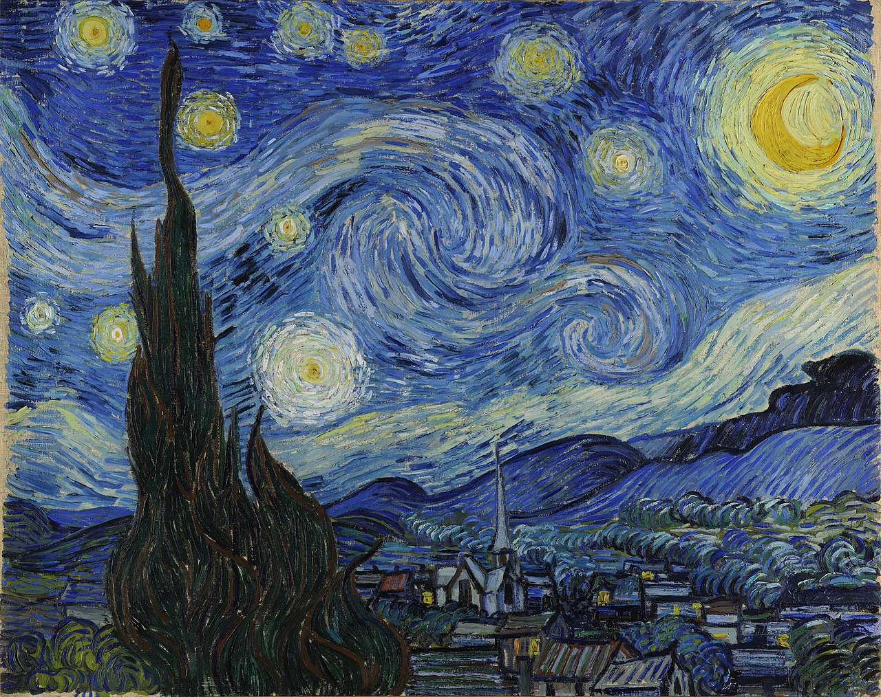 Vincent van Gogh’s Starry Night painting is shown. The painting is a landscape with a brilliantly lit sky with many stars and suns scattered throughout the waves of clouds.