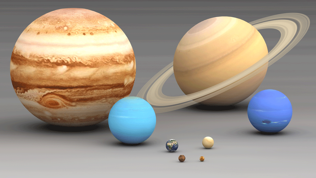 Models of the 8 planets are shown to compare sizes from largest to smallest being: Jupiter, Saturn, Uranus, Neptune, Earth, Venus, Mars, and Mercury; Jupiter being ~29.3 times the size of Mercury.