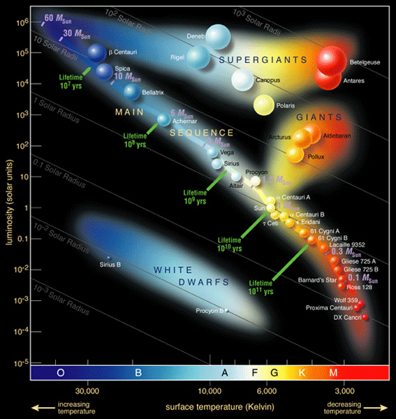 In the Hertzprung-Russell diagram the temperatures of stars are plotted against their luminosities. The position of a star in the diagram provides information about its present stage and its mass. Stars that burn hydrogen into helium lie on the diagonal branch, the so-called main sequence. Red dwarfs like AB Doradus C lie in the cool and faint corner. AB Dor C has itself a temperature of about 3,000 degrees and a luminosity which is 0.2% that of the Sun. When a star exhausts all the hydrogen, it leaves the main sequence and becomes a red giant or a supergiant, depending on its mass (AB Doradus C will never leave the main sequence since it burns so little hydrogen). Stars with the mass of the Sun which have burnt all their fuel evolve finally into a white dwarf (left low corner).