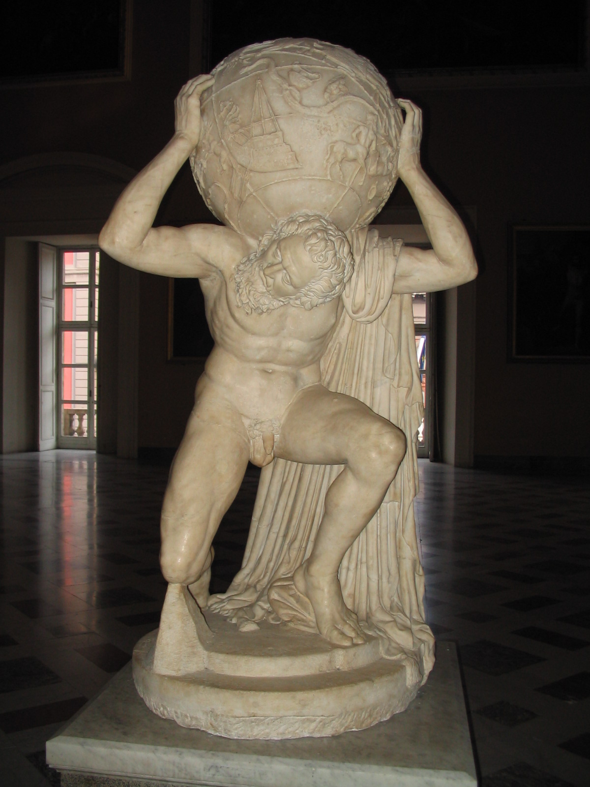 The Farnese Atlas, in Naples is shown as a globe sitting on the shoulders of Atlas.