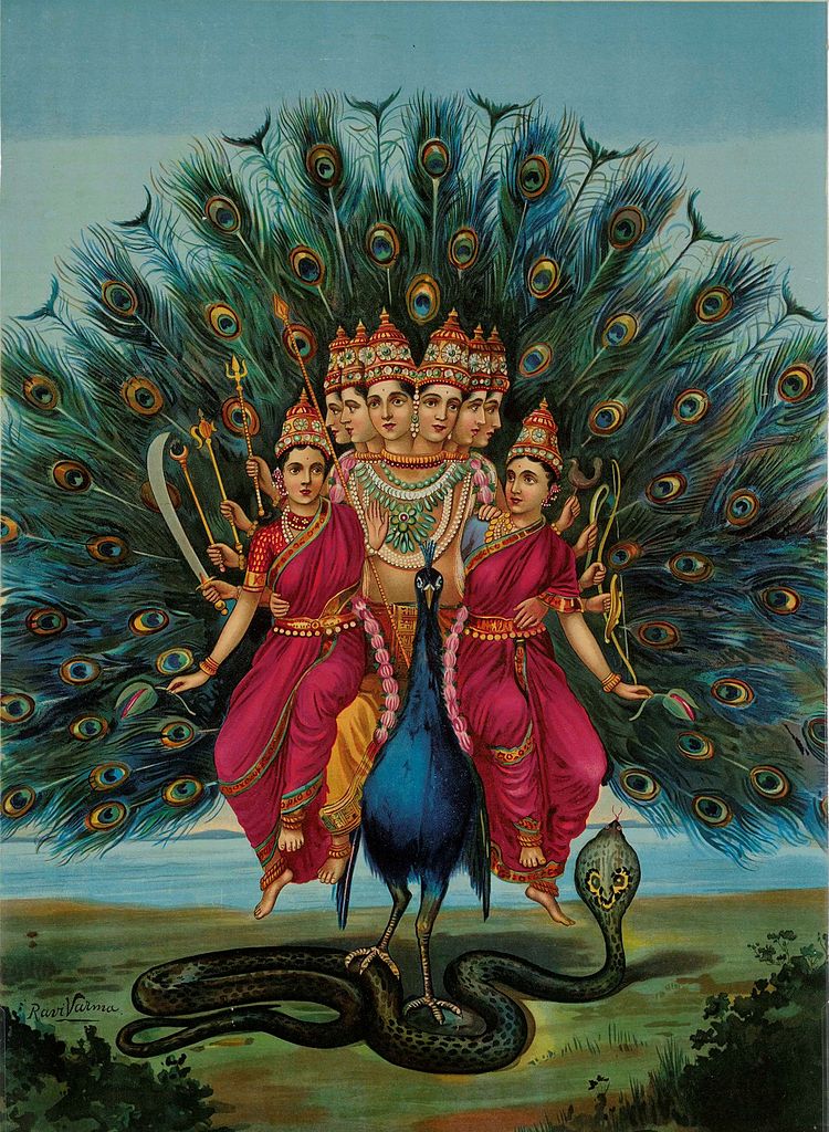 Skanda, a celestial general deity riding a peacock is shown in this illustration.
