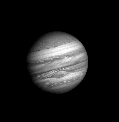animated view of planet getting larger. These pictures were taken every 10 hours over 28 days in 1979; each frame shows Jupiter at the same local time with the Great Red Spot appearing stationary within its cloud belt while clouds move right to left past it; other cloud belts move left to right. The small, round, dark spots appearing in some frames are the shadows cast by the moons passing between Jupiter and the Sun, while the small, white flashes around the planet, are the moons themselves.