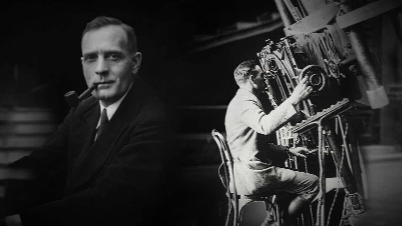 Hubble is shown on the left; he is shown on the right sitting and looking through a telescope.