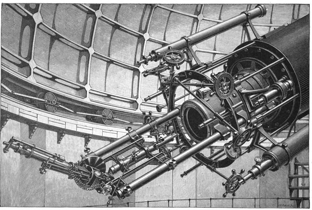 Lick Observatory’s Spectroscope, 1898. The actual spectroscope, which looks like a tube, is attached to the back of the telescope is in the lower left of the illustration.