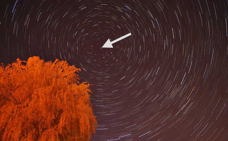 A star trail photograph. Polaris — a yellow star — is at the very center of the photo, indicated by the arrow.