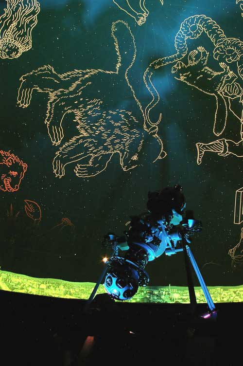 Outlines of constellations are displayed on a planetarium wall.