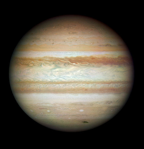 A true color Hubble Space Telescope image of Jupiter is shown.