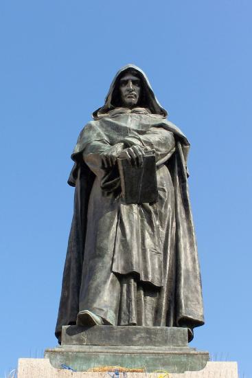 Giordano Bruno was executed by the Catholic Church for his unconventional views on the universe. https:/commons.wikimedia.org/wiki/File:Giordano_Bruno_BW_2.JPG; 