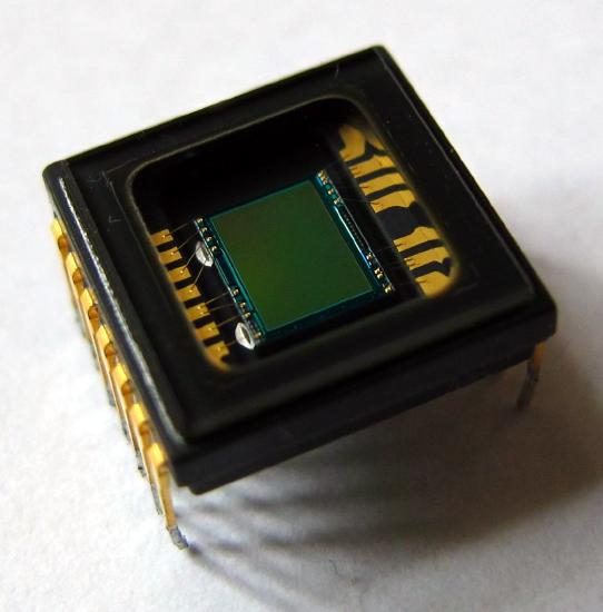 A charged couple device. https:/commons.wikimedia.org/wiki/File:CCD_Sensor_Sony_Video_Camera.jpg; 