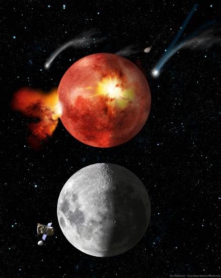 The Moon was likely formed from a collision between the Earth and a Mars-sized body astronomers have named Theia. https:/commons.wikimedia.org/wiki/File:Lunar_cataclysm.jpg; 