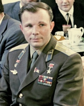 Yuri Gagarin, the first man in space. https:/commons.wikimedia.org/wiki/File:Gagarin_(cropped).jpg; 