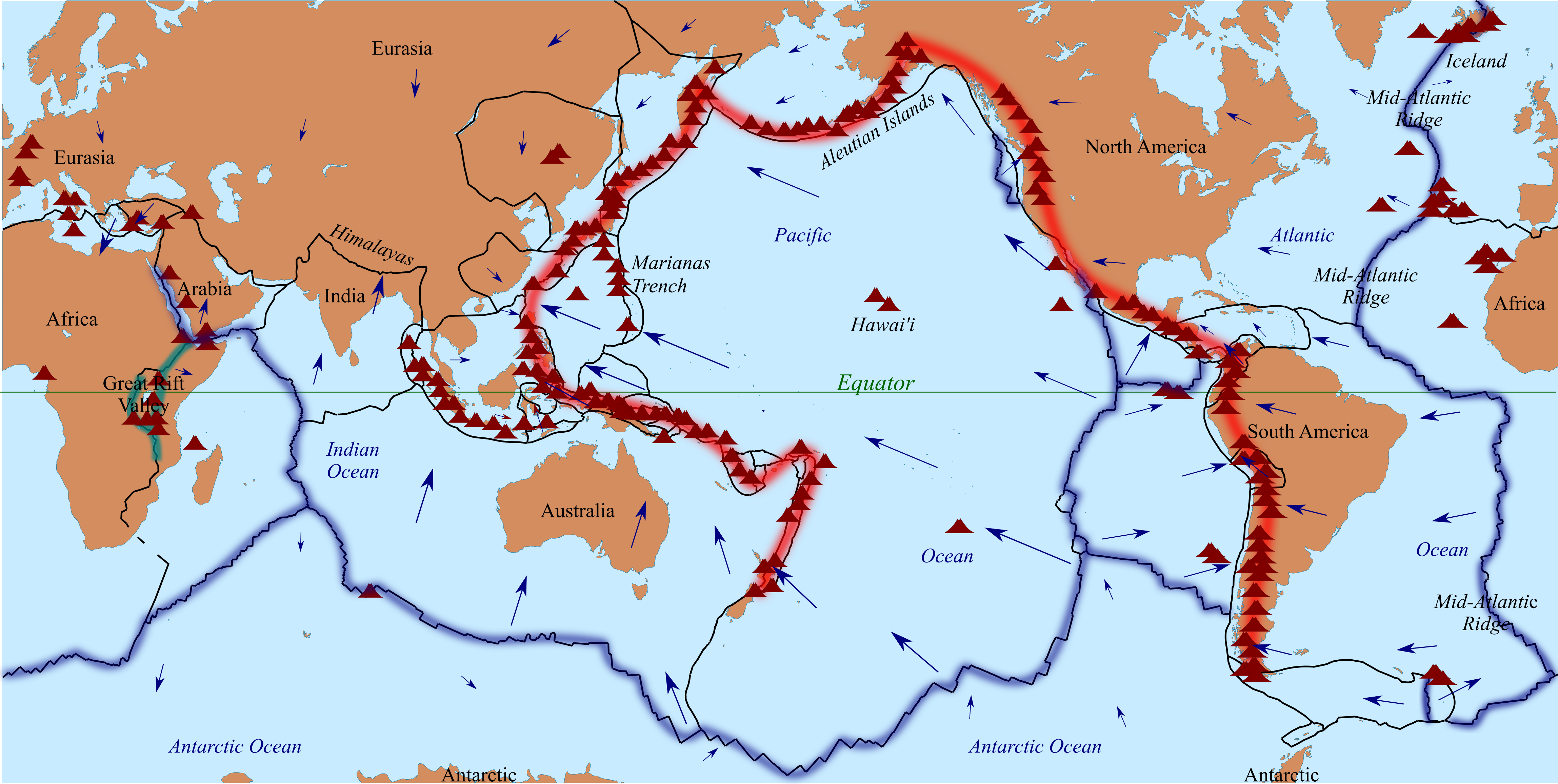 The Ring of Fire, where 90% of Earth's active volcanoes and earthquakes are found. https://commons.wikimedia.org/wiki/File:Tectonic_plates_and_ring_of_fire.png
