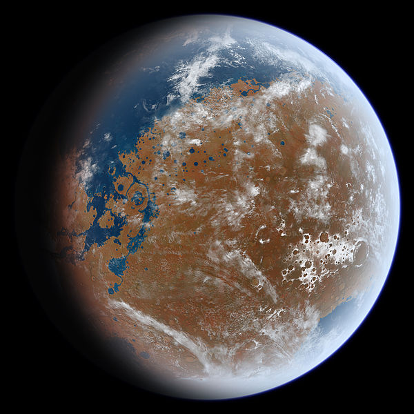 Billions of years ago, Mars may have had an ocean in the northern hemisphere. https:/commons.wikimedia.org/wiki/File:AncientMars.jpg; 