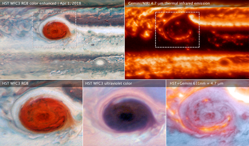 The Great Red Spot in various wavelengths. https://commons.wikimedia.org/wiki/File:Telescopes_and_Spacecraft_Join_Forces_to_Probe_Deep_into_Jupiter%27s_Atmosphere_(49892941386).png