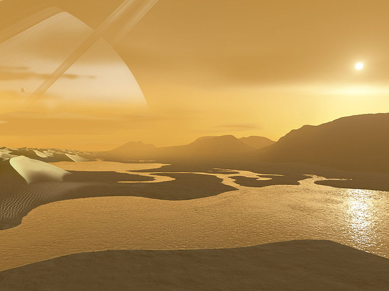 The surface of Titan has lakes of liquid methane and "rocks" made of ice. https:/commons.wikimedia.org/wiki/File:Viewfromtitan.jpg; 