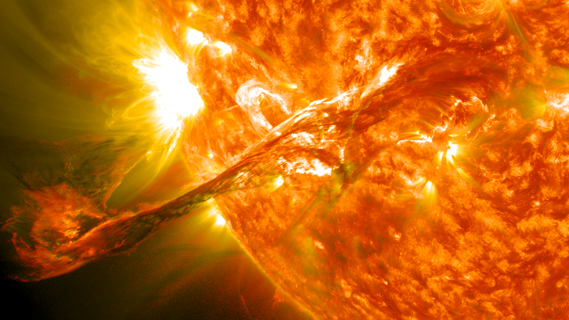 A coronal mass ejection is a mass of ionized gas released from the Sun. https:/commons.wikimedia.org/wiki/File:Magnificent_CME_Erupts_on_the_Sun_-_August_31.jpg; 