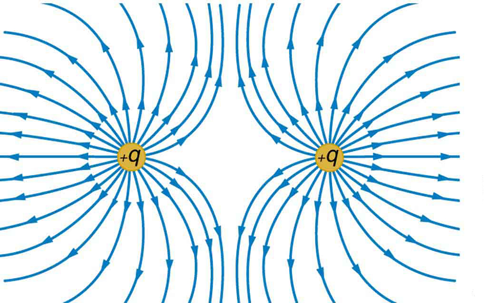 A figura mostra duas cargas positivas com linhas de campo elétrico se curvando para longe de cada uma das cargas.