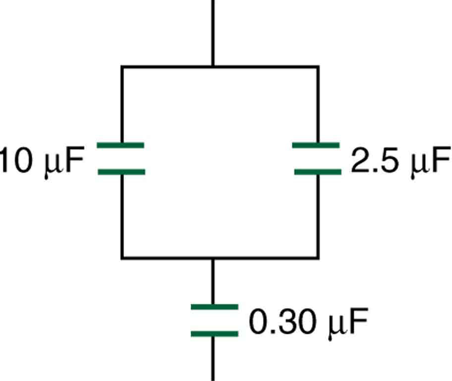 Um circuito é mostrado com três capacitores. Dois capacitores, de dez microfarad e dois pontos cinco microfarad, estão paralelos entre si, e sua combinação é em série com um capacitor de zero ponto três microfarad zero.